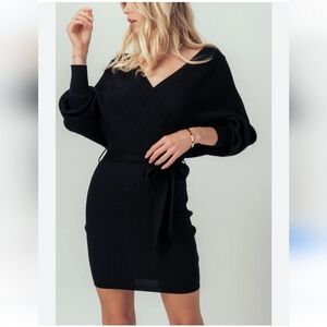 NWOT Love Tee V Neck Wrap Long Sleeve Sweater Midi Dress Solid Black Siz…